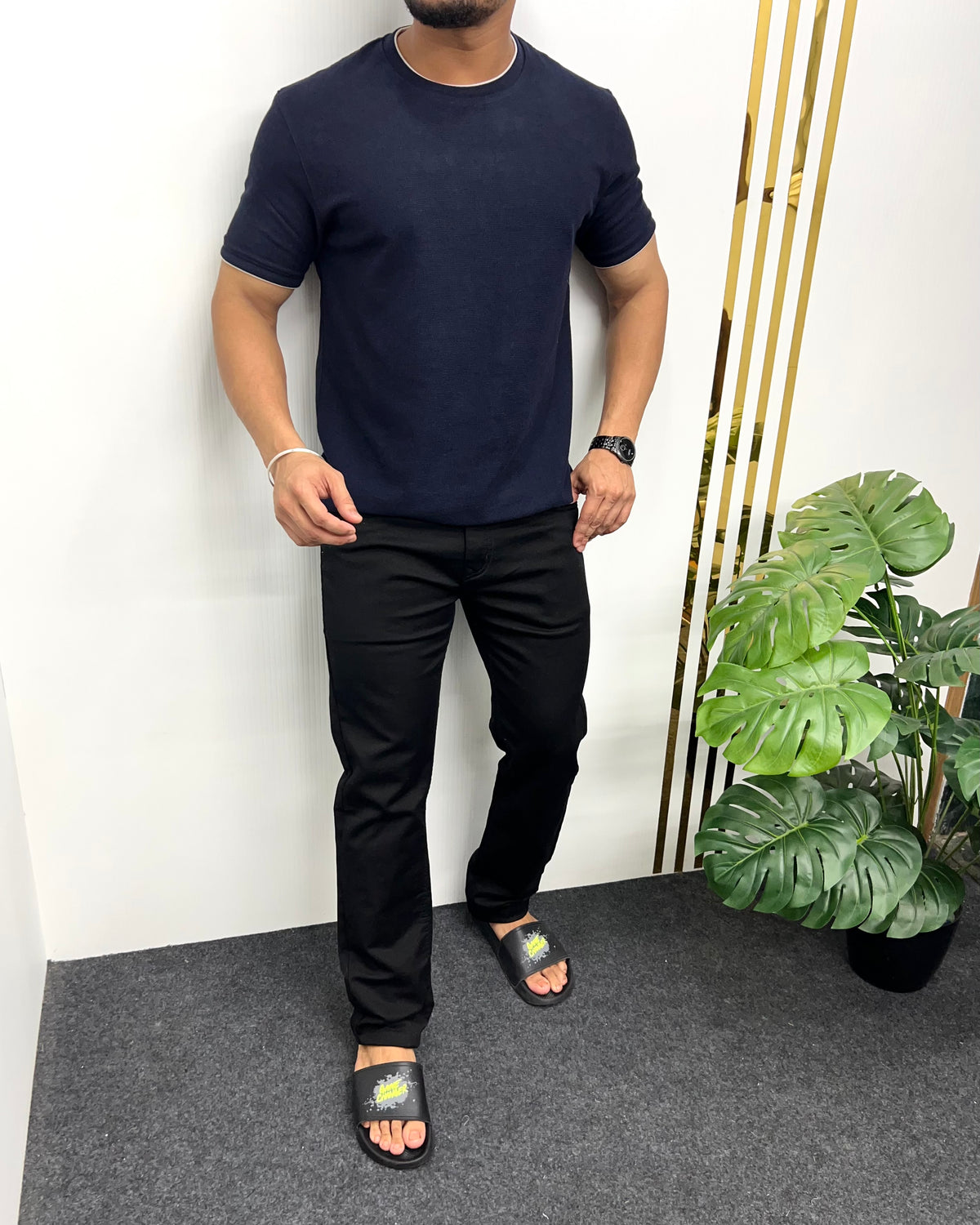 Navy Blue Plain Half Sleeve Knit T-Shirt
