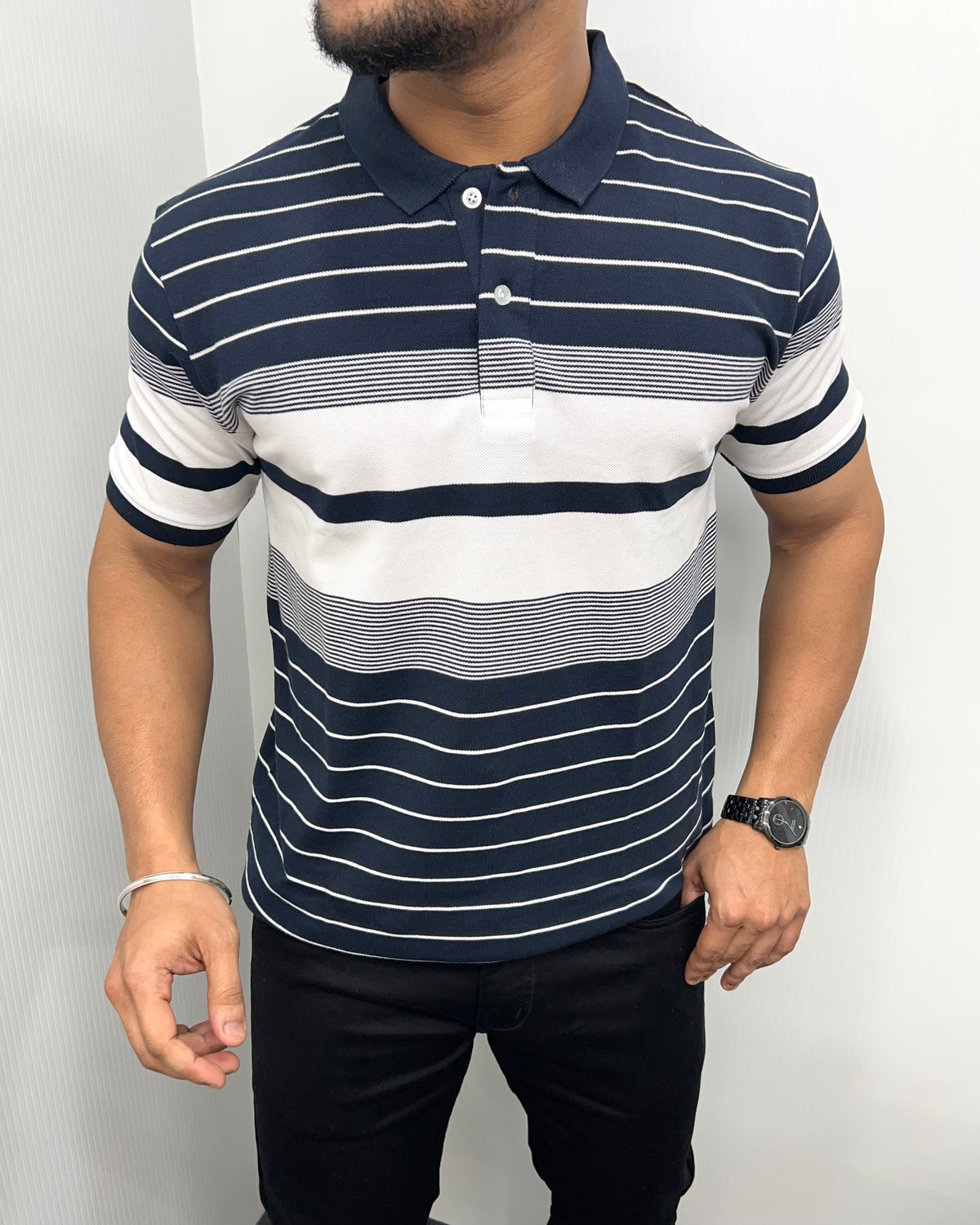 Navy Blue Collar Matty Striped T-Shirt