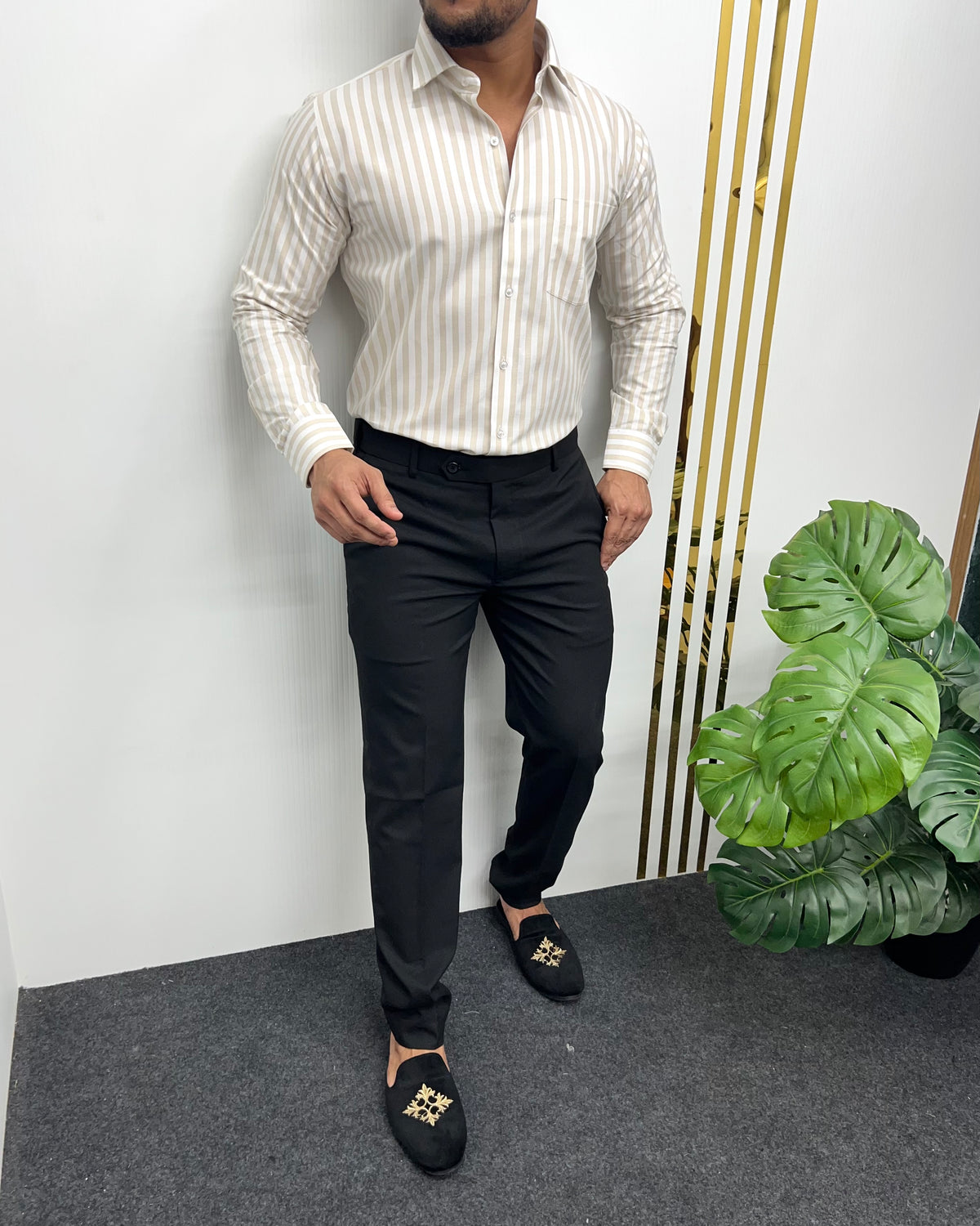 Cream Oxford Premium Fine Cotton Vertical Striped Shirt