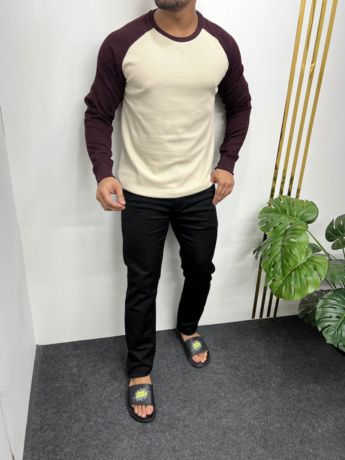 Beige & Maroon Raglan T-Shirt