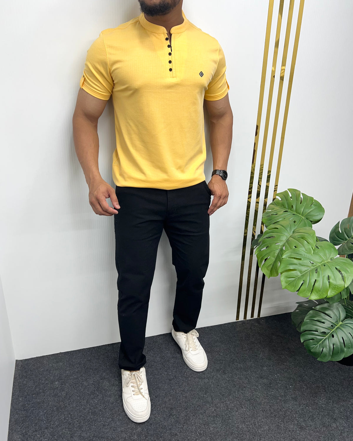 Mustard Imported Self Striped Round Neck T-Shirt