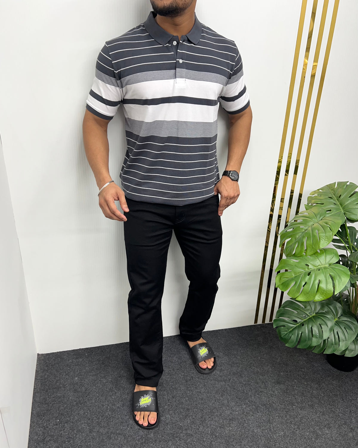 Dark Gray Collar Matty Striped T-Shirt