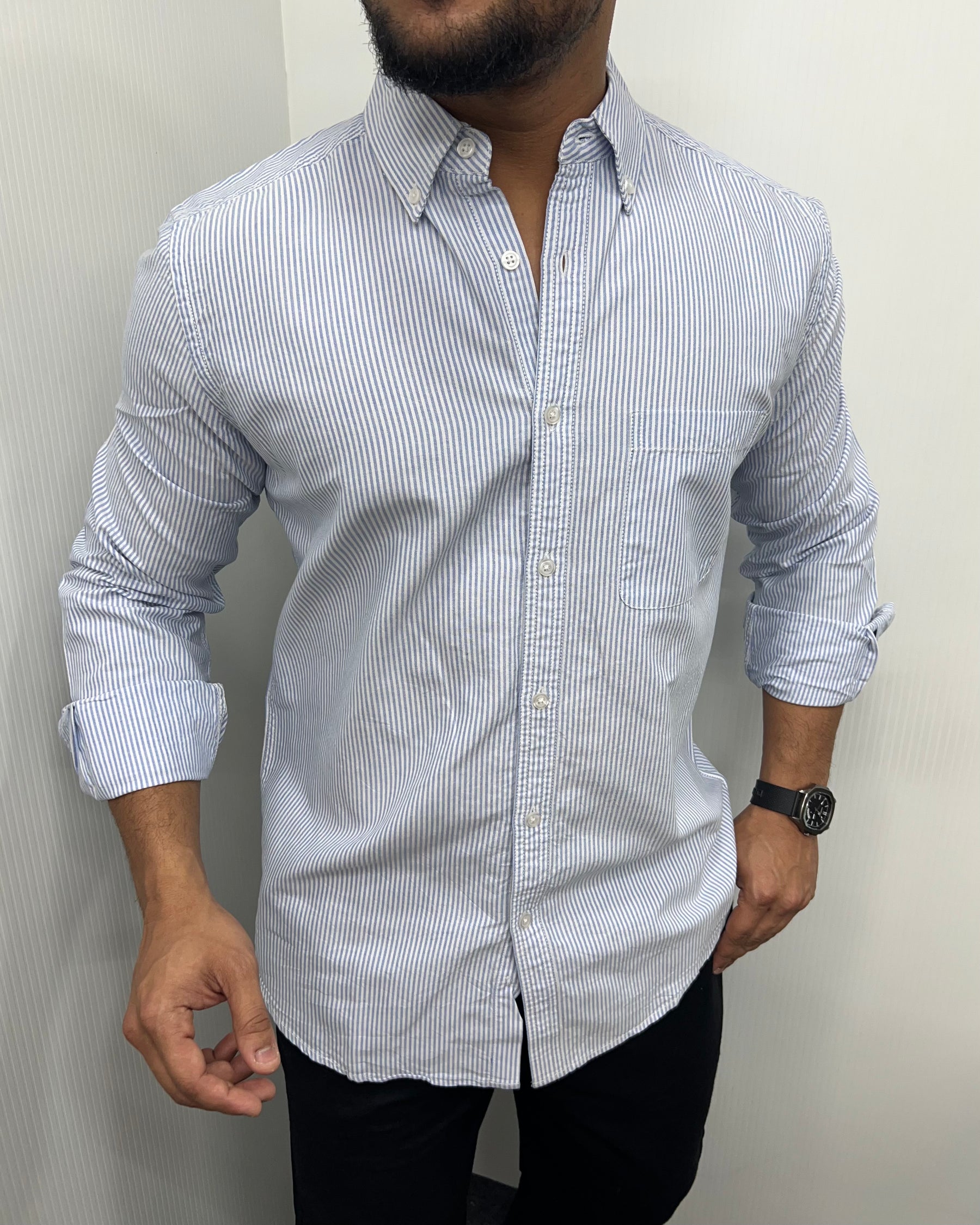 Sky Blue Cotton Oxford Striped Shirt
