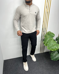 Light Gray Premium Cotton Waffle Henley Neck Full Sleeve T-Shirt