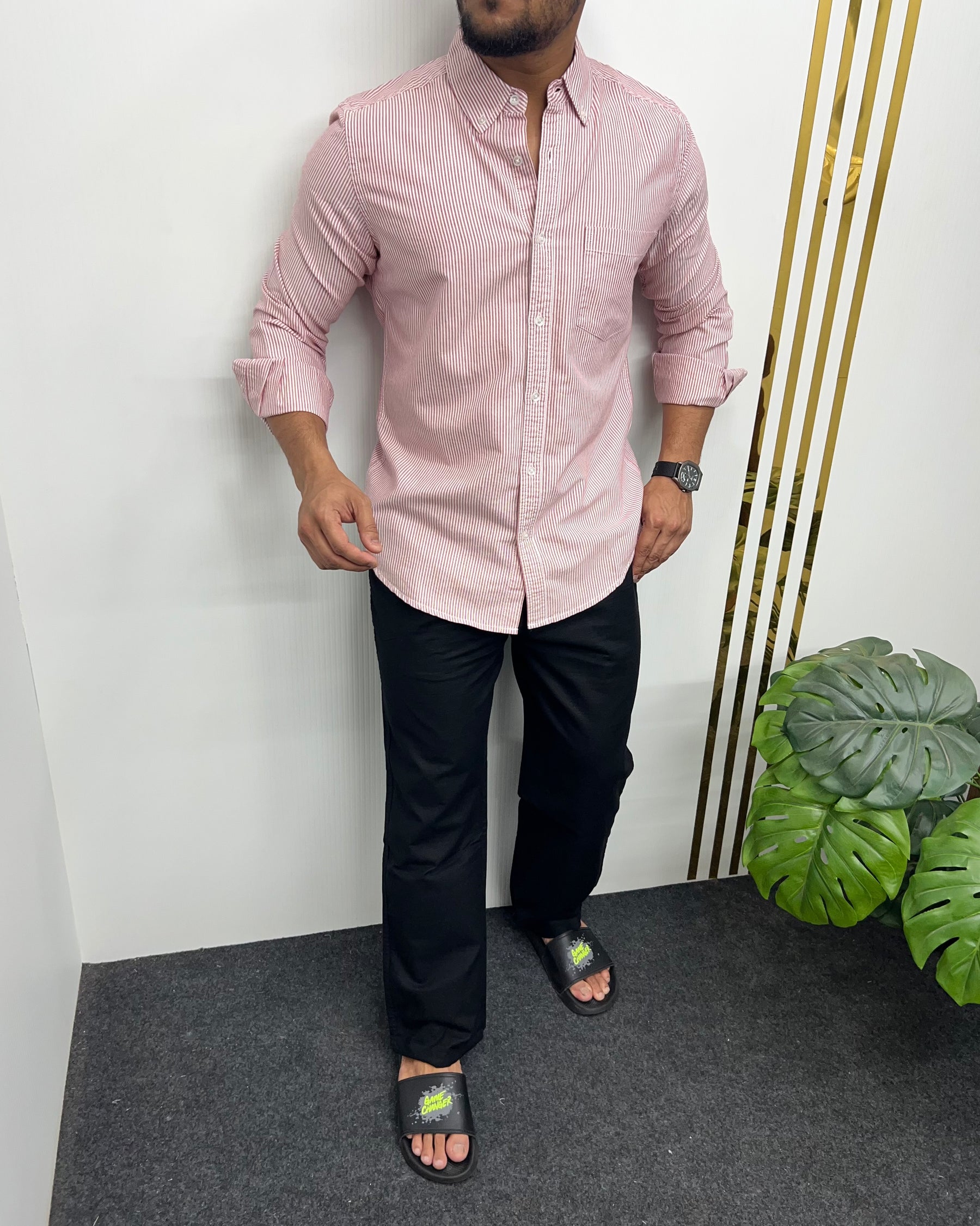 Dark Pink Cotton Oxford Striped Shirt