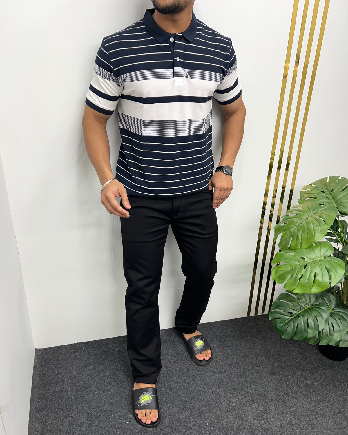 Navy Blue Collar Matty Striped T-Shirt