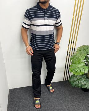 Navy Blue Collar Matty Striped T-Shirt