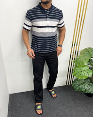 Navy Blue Collar Matty Striped T-Shirt