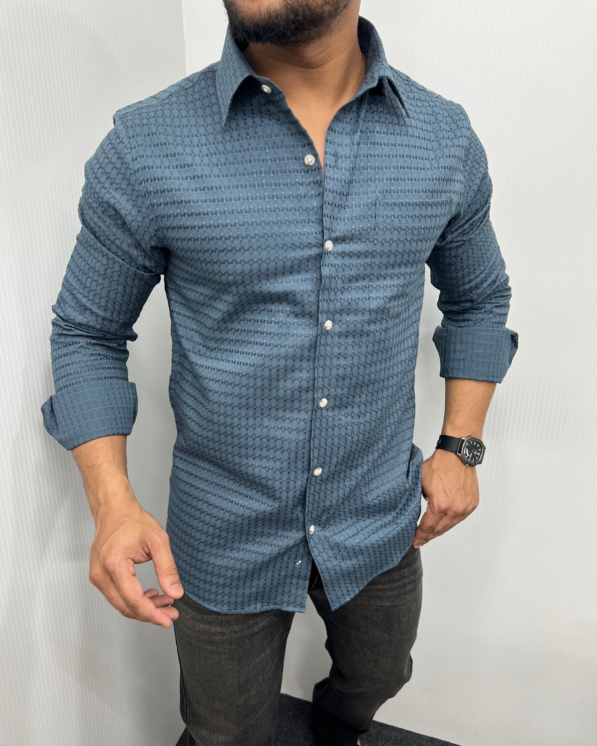 Classic Blue Self Embroidery Shirt