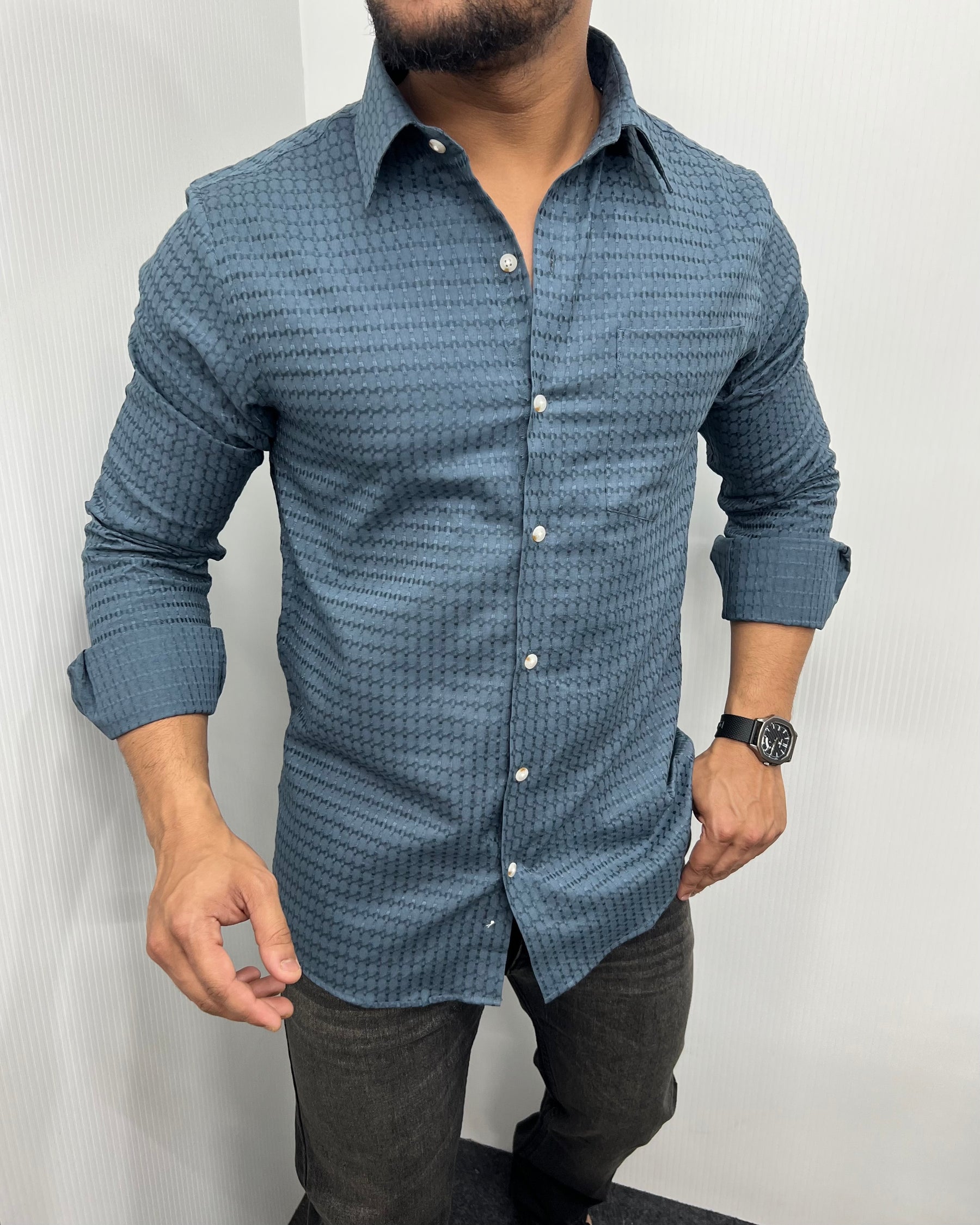 Classic Blue Self Embroidery Shirt