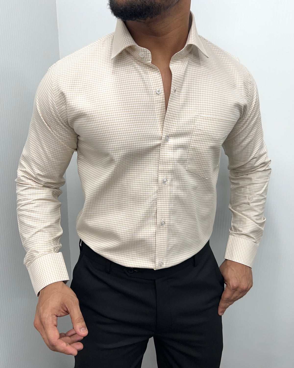 Beige Cotton Gingham Checks Shirt