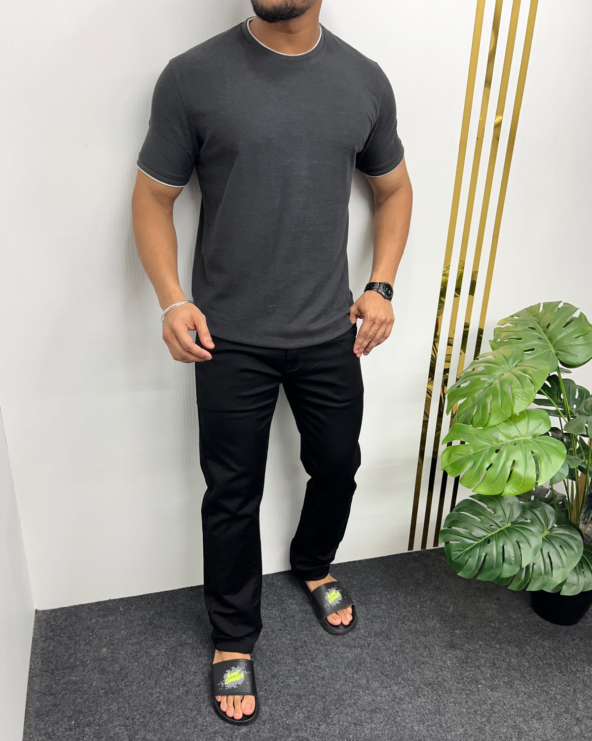 Dark Gray Plain Half Sleeve Knit T-Shirt