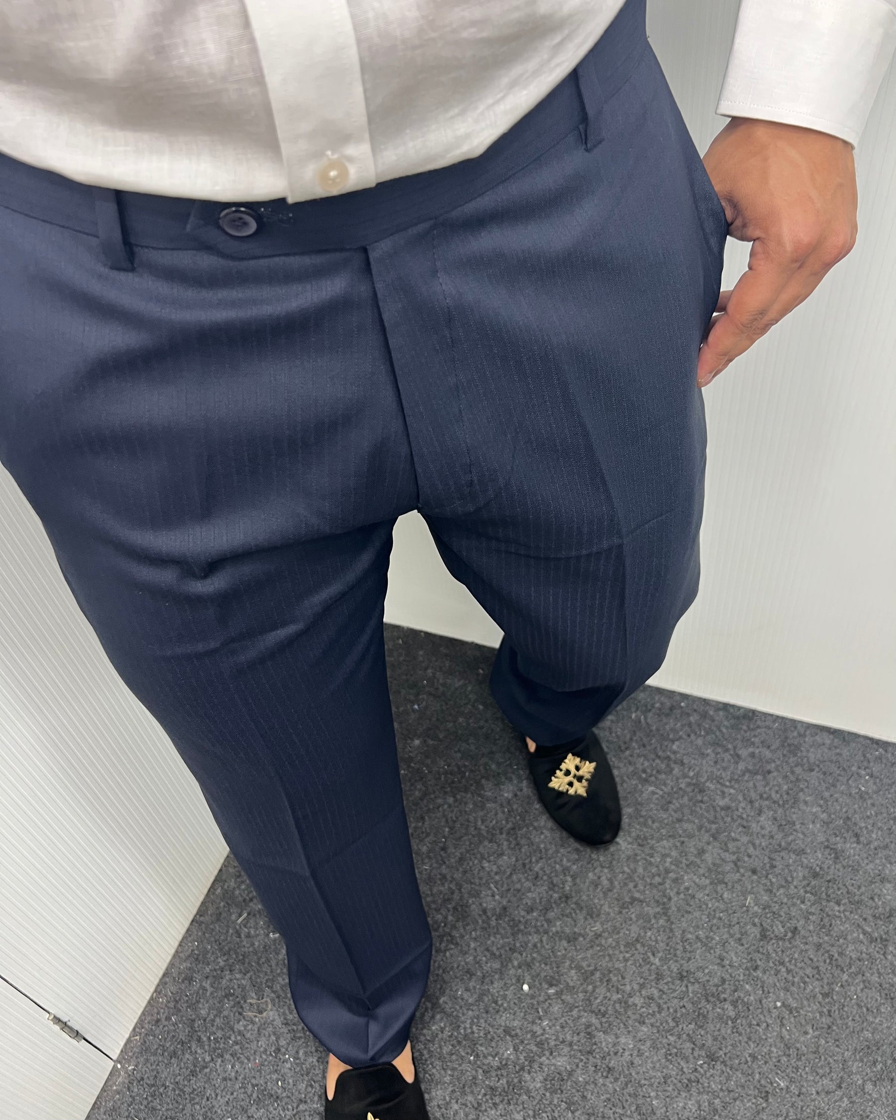 Navy Blue Self Line Straight Fit Flexiwaist Business Class Formal Pant