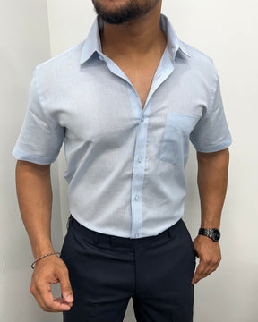 Sky Blue Pure Cotton Linen Premium Half Sleeve Shirt
