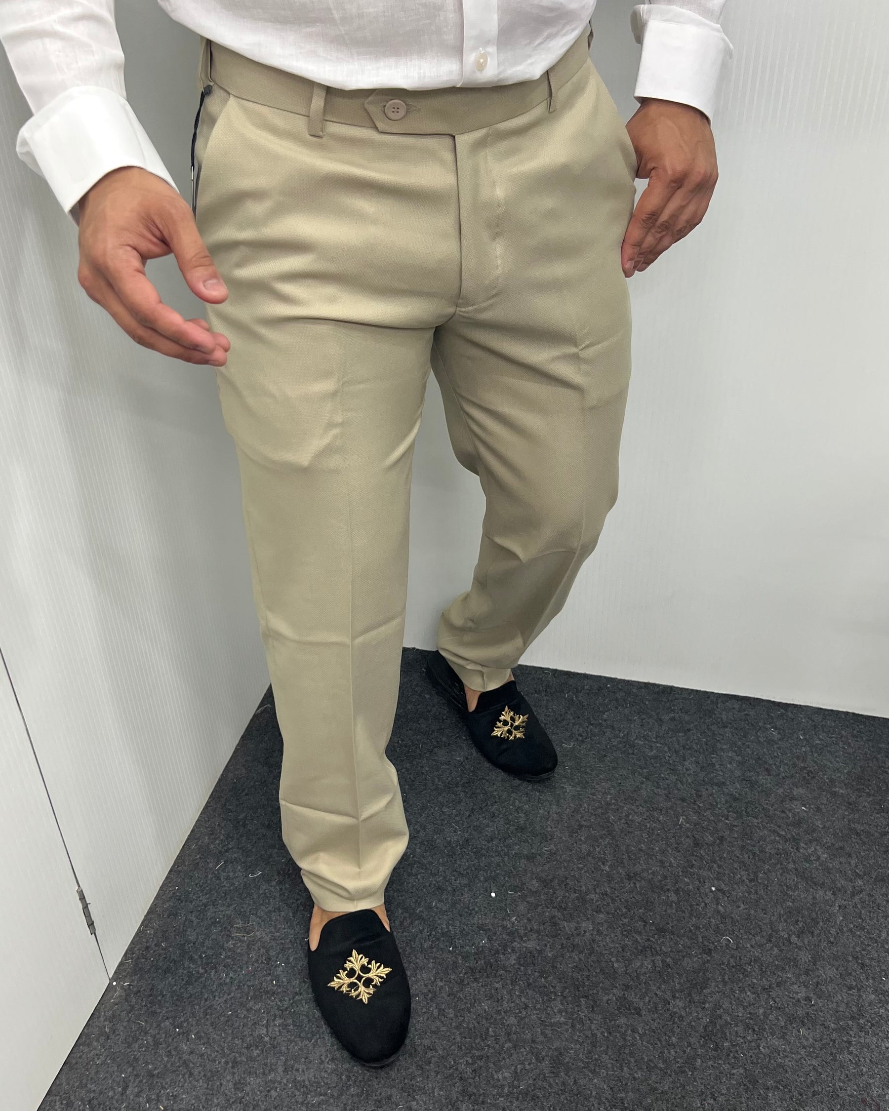 Beige Straight Fit Dobby Flexiwaist Business Class Formal Pant