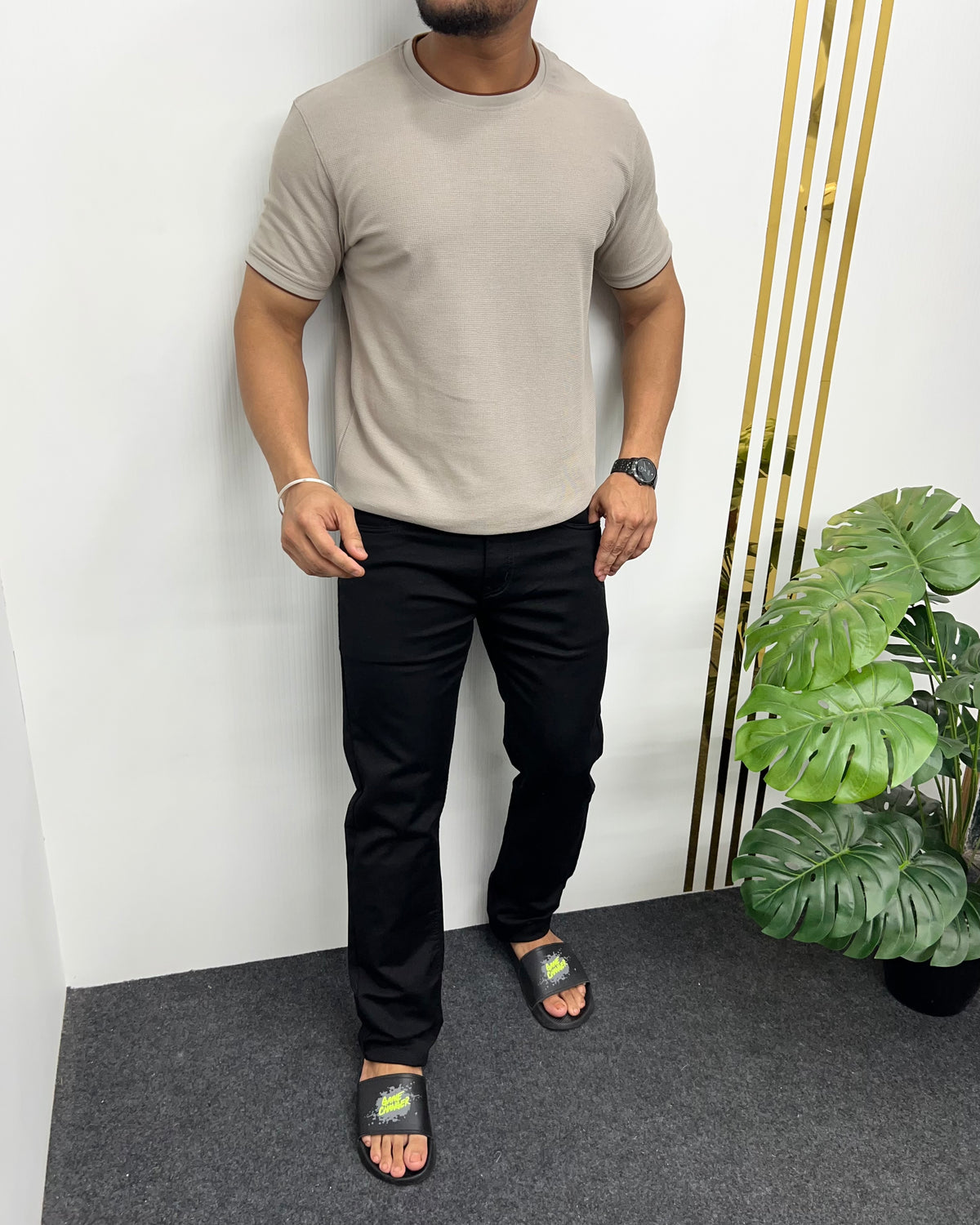 Dusty Gray Plain Half Sleeve Knit T-Shirt