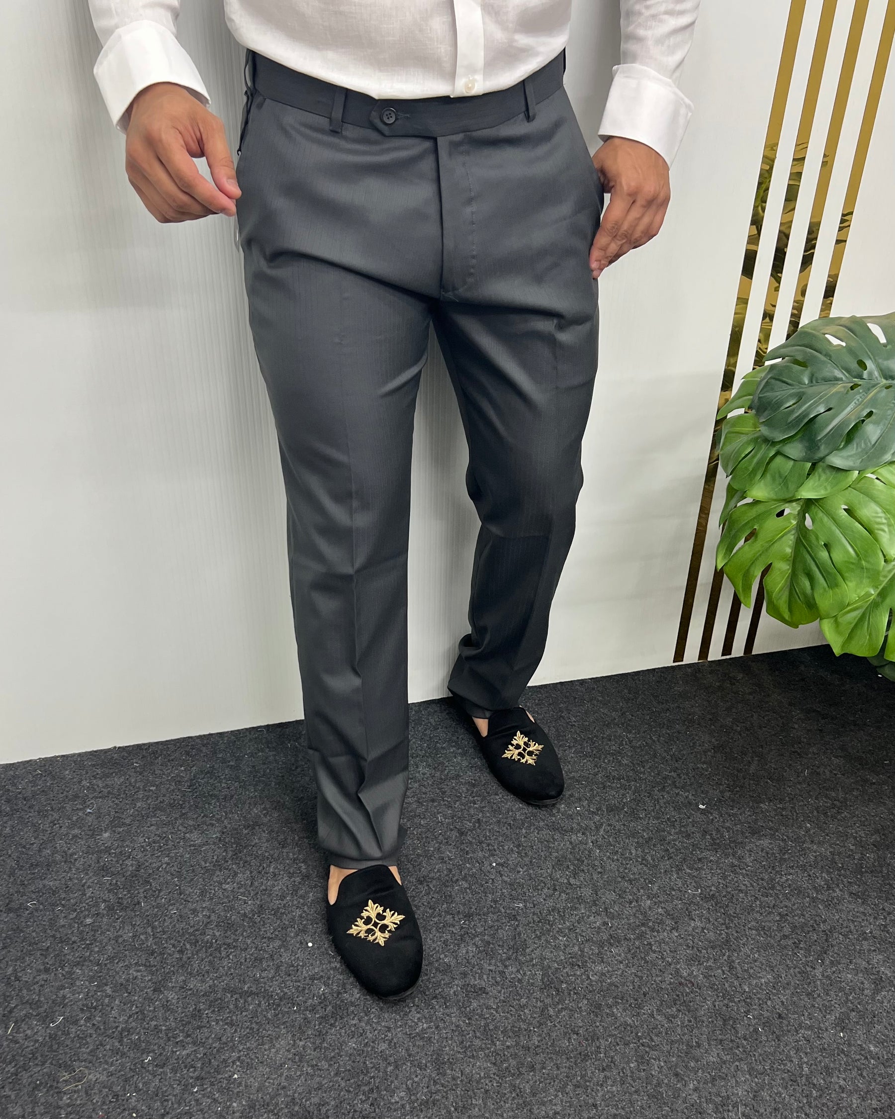 Dark Gray Self Line Straight Fit Flexiwaist Business Class Formal Pant