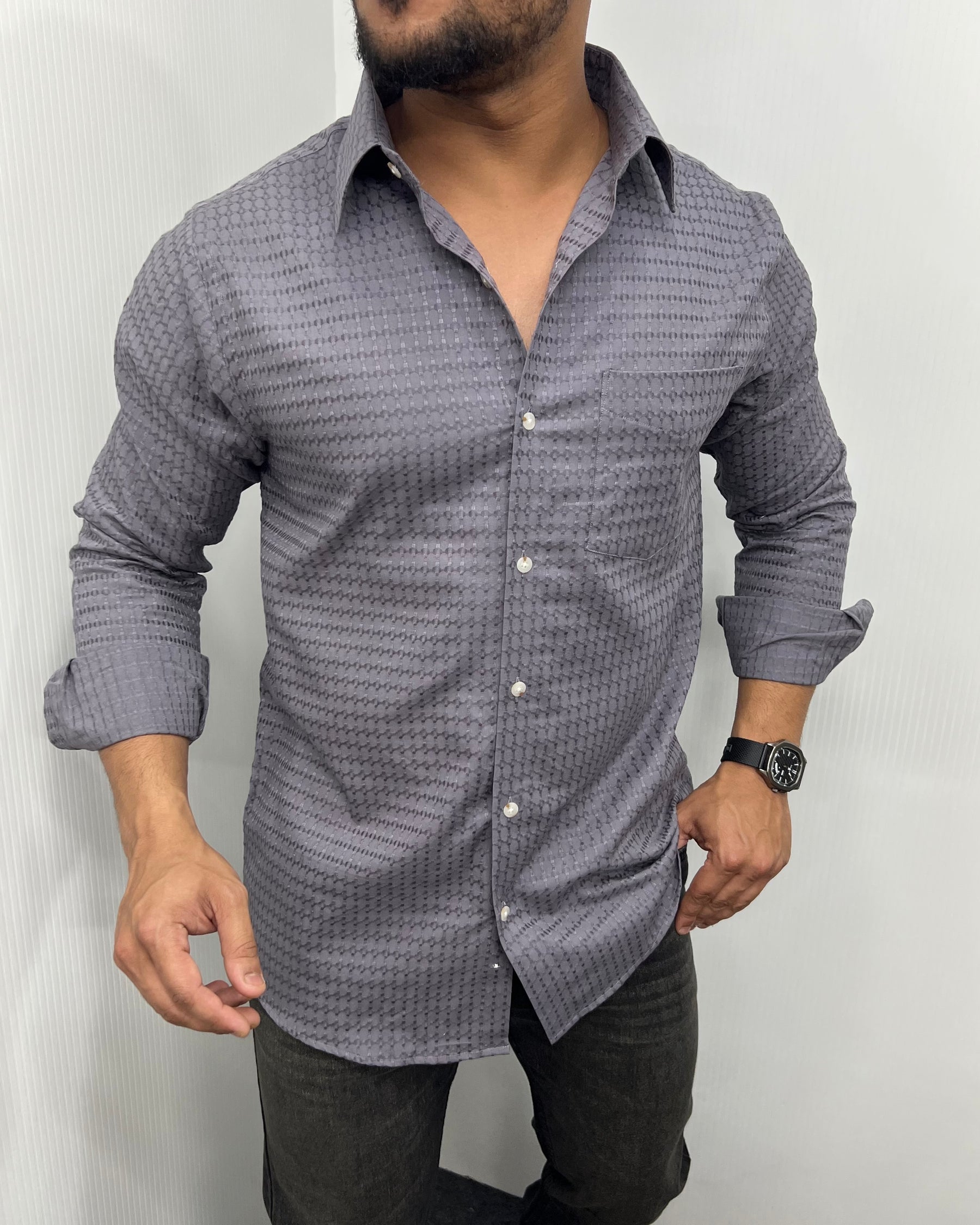 Grey Self Embroidery Shirt