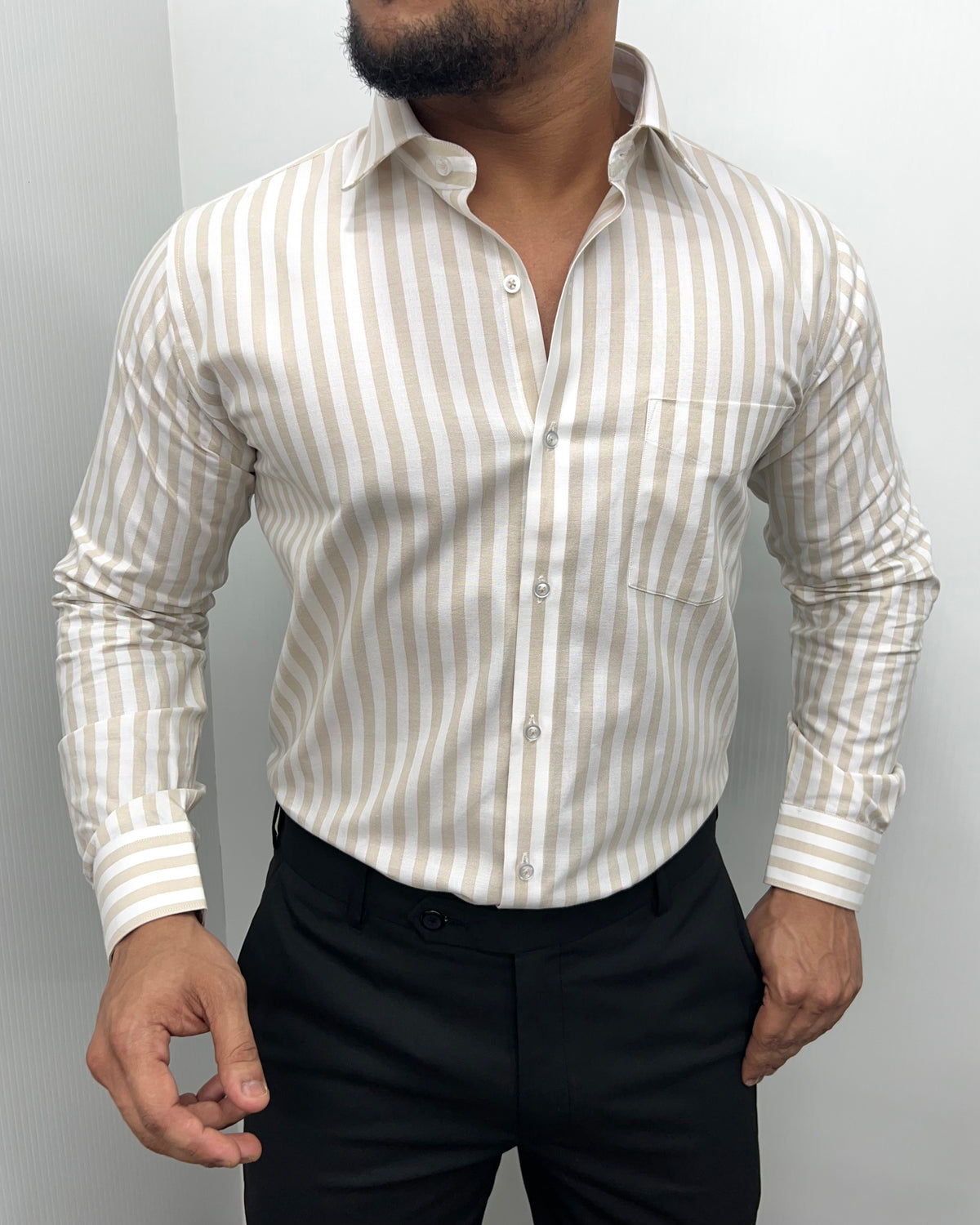 Cream Oxford Premium Fine Cotton Vertical Striped Shirt