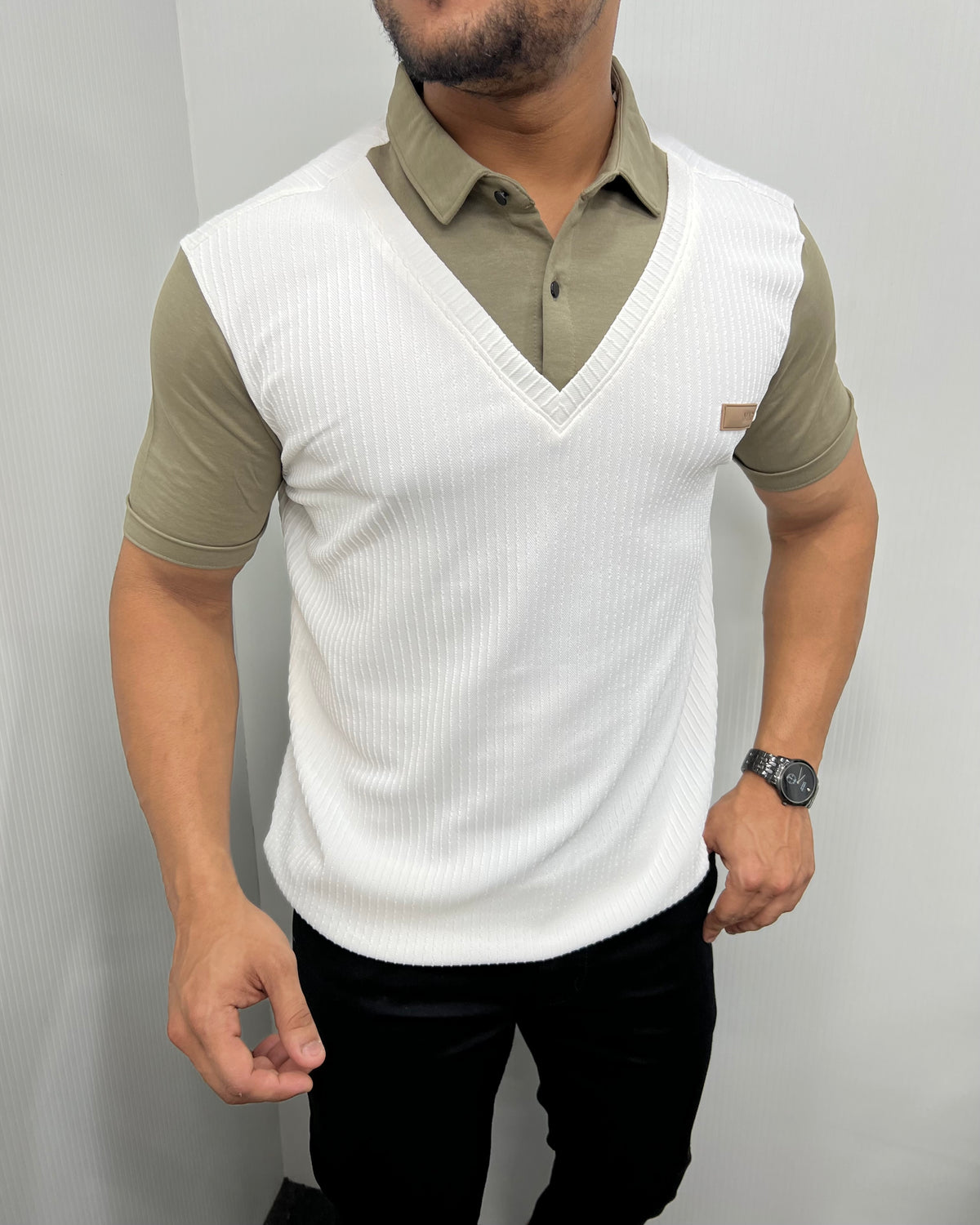 White & Olive Plaid T-Shirt