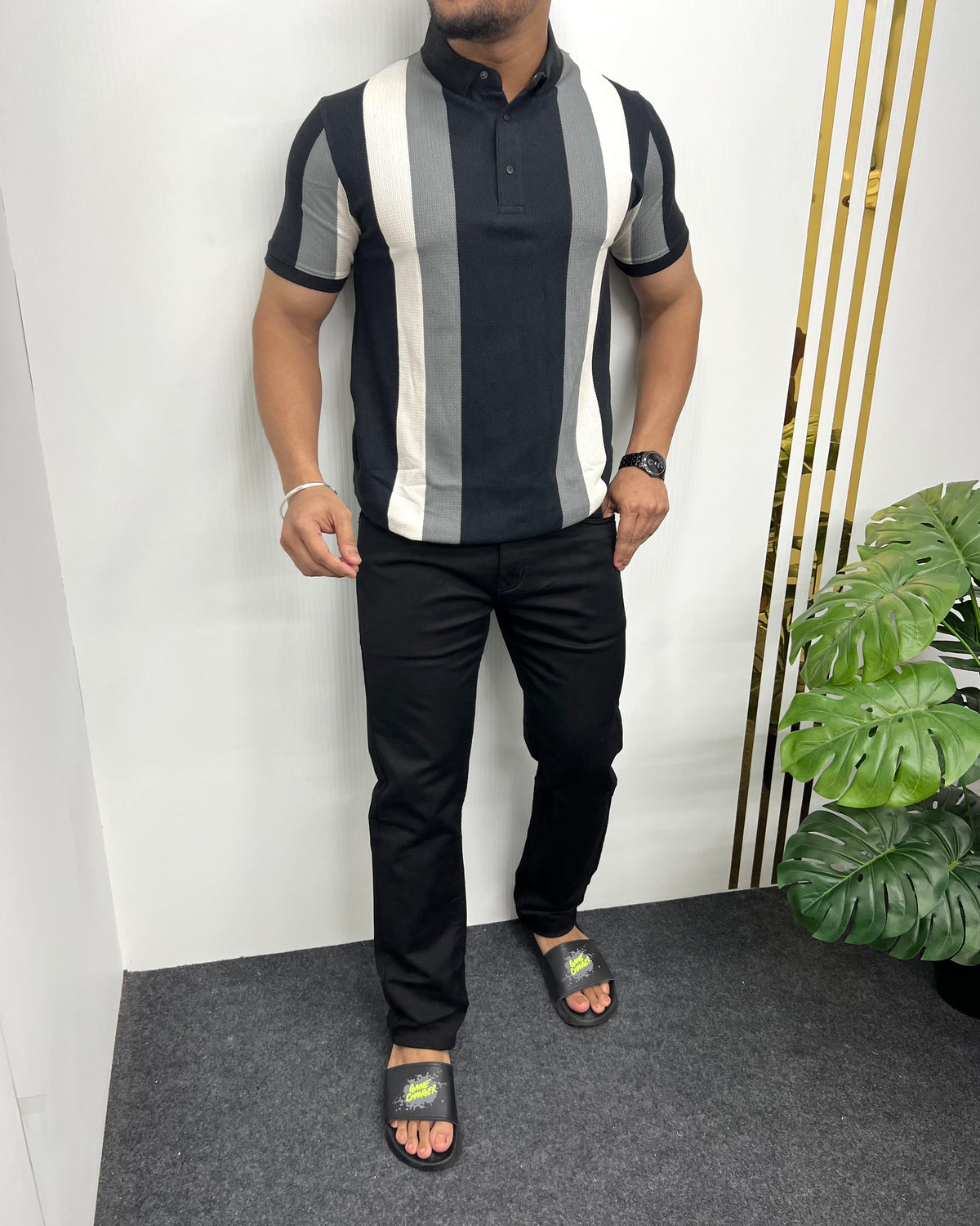 Black Matty Structure Striped T-Shirt